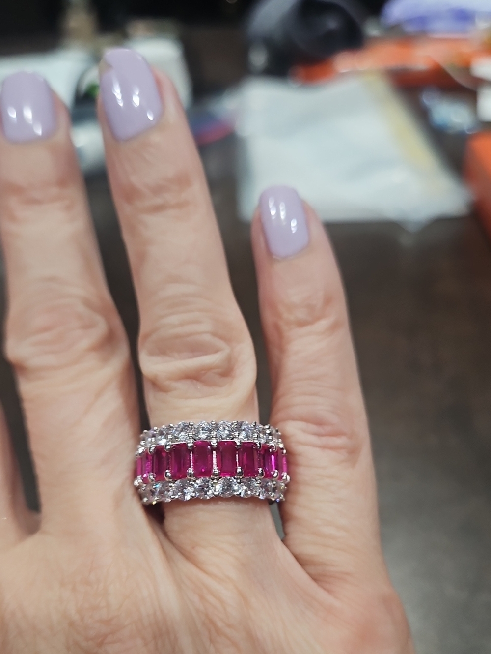 Pink Ruby-Style Baguette and Halo Band Ring - Women's Jewelry
